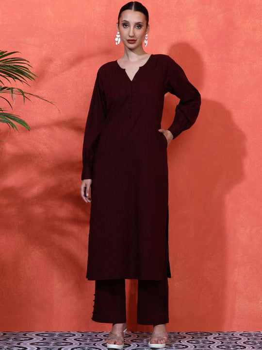 Sangria Striped Self Design Pure Cotton Straight Kurta & Trousers Sets
