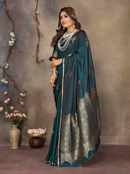 Joban Fashion Teal Floral Motifs Banarasi Silk Sarees