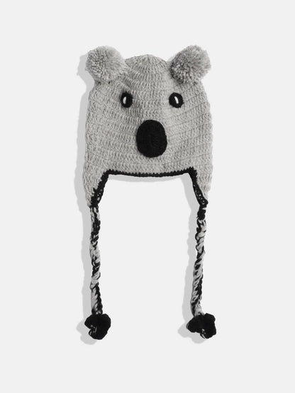 Chutput Kids Woollen Hand Knitted Kuala Bear Detail Cap - Grey