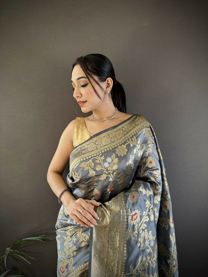 Joban Fashion Grey Floral & Ethnic Motifs Design Soft Silk Meenakari Banarasi Saree