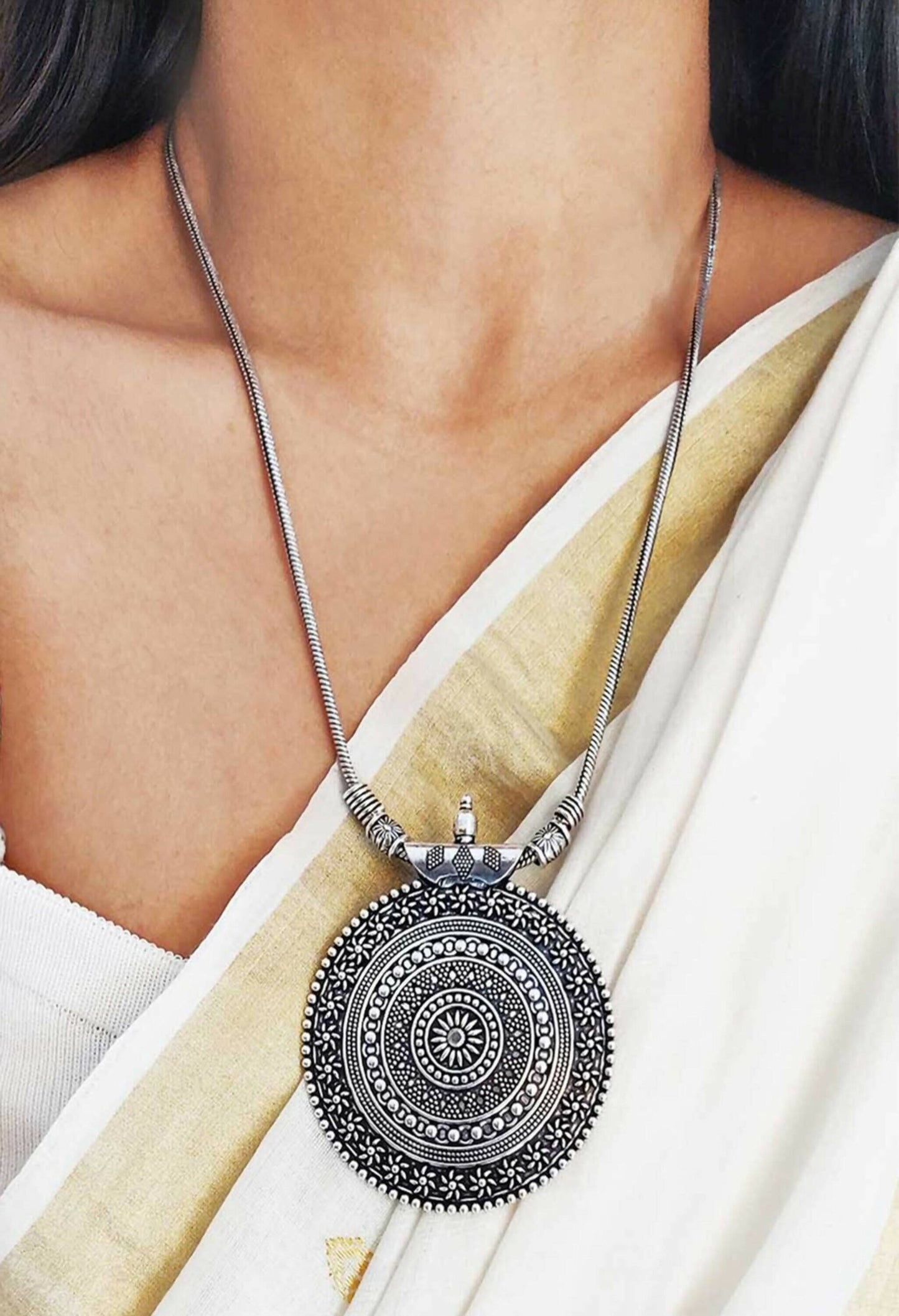 Mominos Fashion Johar Kamal Oxidised Silver-Plated Long Chain with Pendant & Studs For Women