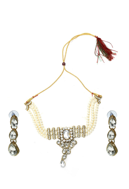 Mominos Fashion Johar Kamal Gold-Polished Brass Finish Kundan/Stone Choker For Women (White)