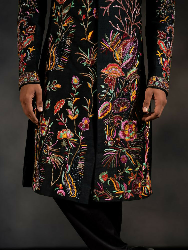 Black Tides Hand Embroidered Indowestern Sherwani by Hilo Design