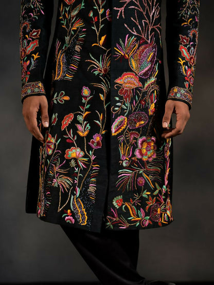 Black Tides Hand Embroidered Indowestern Sherwani by Hilo Design