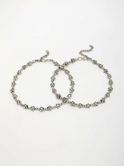 NVR Women's Set of 2 Silver-Plated Star Design Anklets