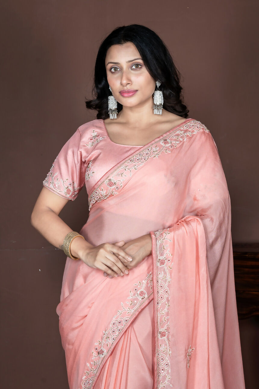 Morchari Peach Chiffon Hand Embroidery Saree Stitched Blouse