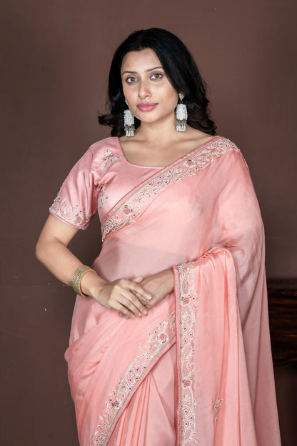 Morchari Peach Chiffon Hand Embroidery Saree Stitched Blouse