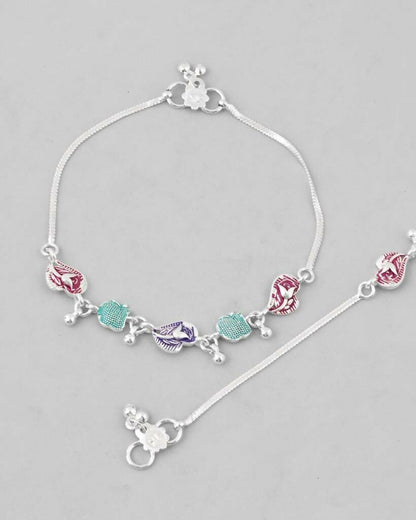 VOJ Set of 2 Silver Plated Designer Multi Color Anklet