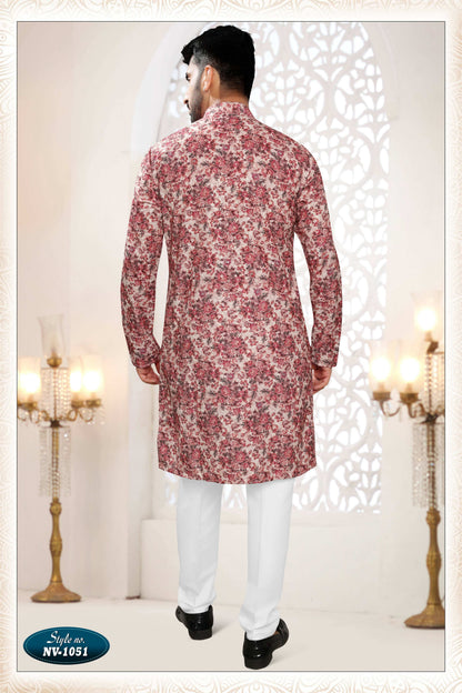 Joban Fashion Men's Pinkish Red Straight Rayon Thread Embroidery All Over Kurta Set