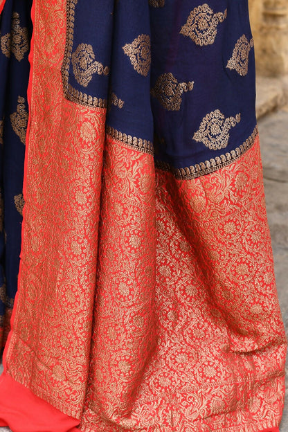 Joban Fashion Navy Blue Crepe Chiffon Pure Handloom Banarasi Silk Saree