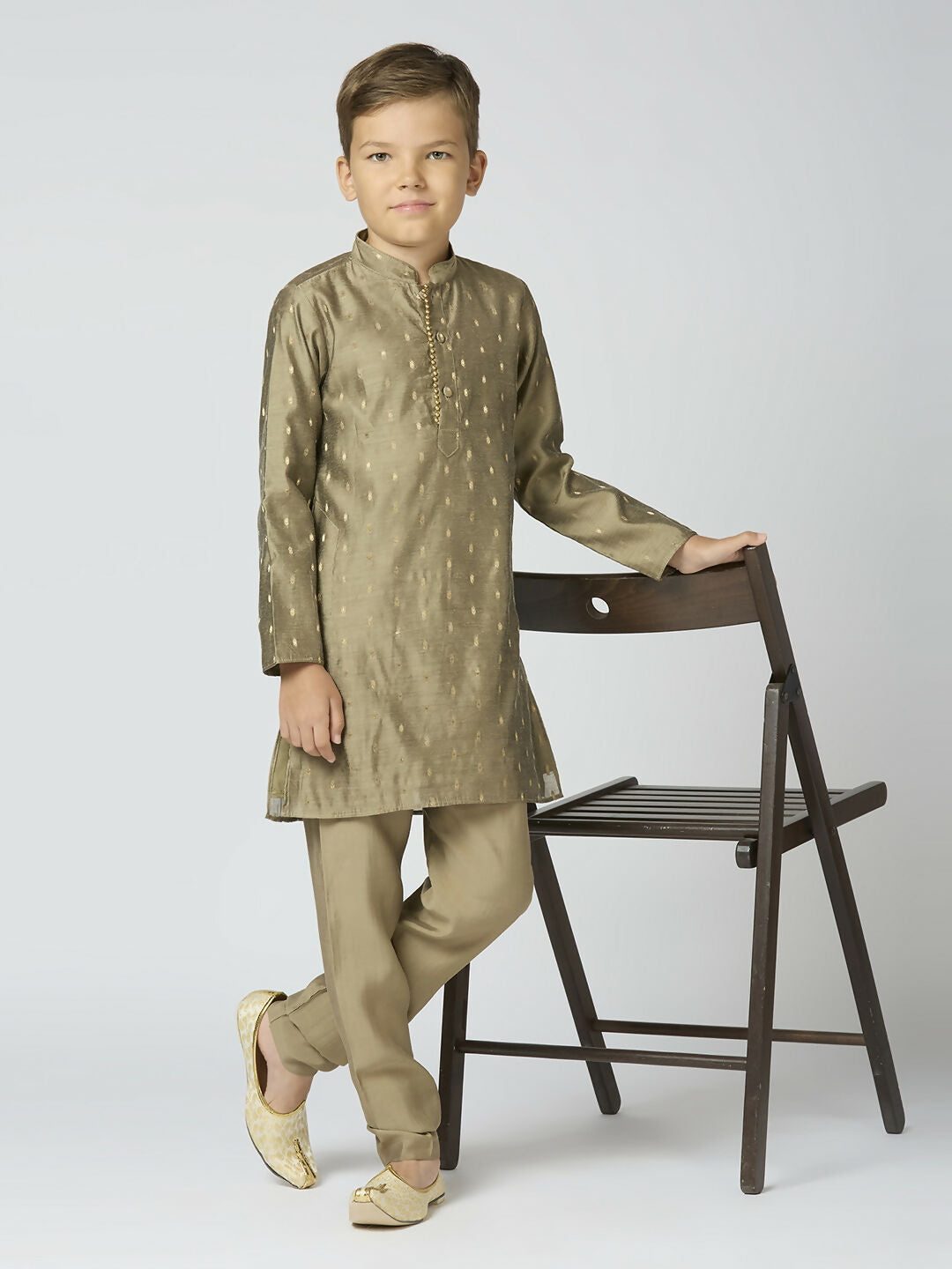 Joban Fashion Kids Island Full Sleeves Chanderi Kurta, Pyjama Set with Traditional Butta Work - Grey