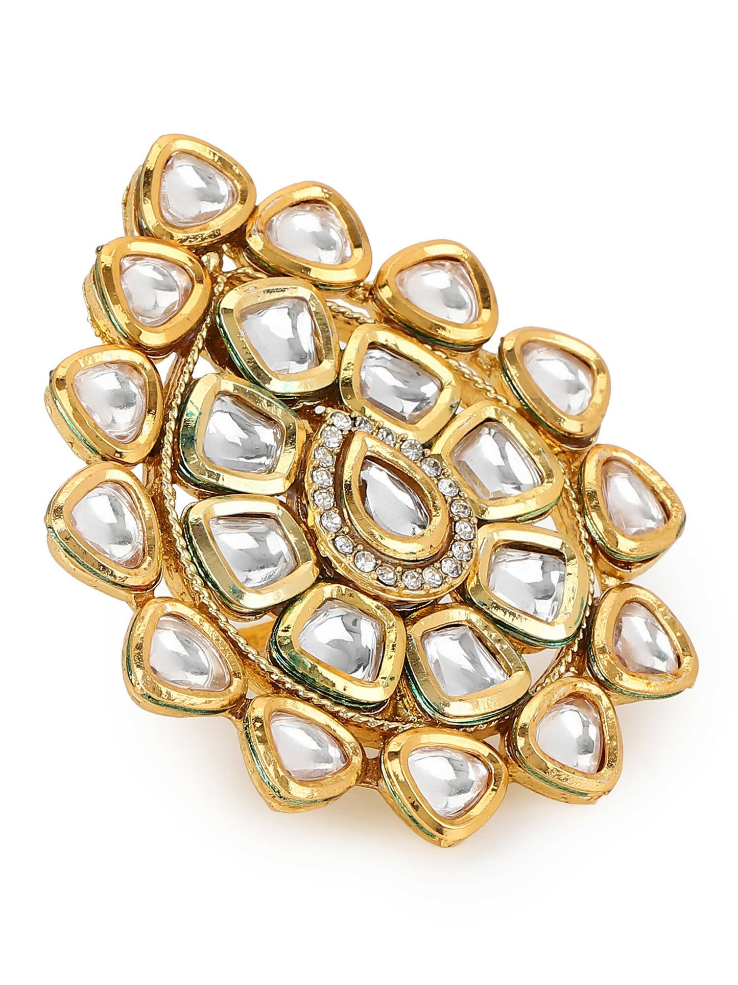 Gold-Polished White Kundan-Studded Adjustable Finger Ring - Ruby Raang