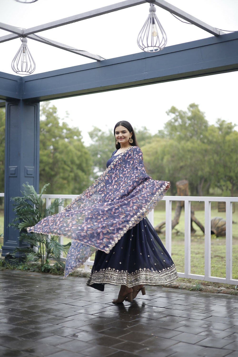 Aayaa Designer Embroidery Zari Sequins-Work Faux Blooming Georgette Suit - Navy Blue