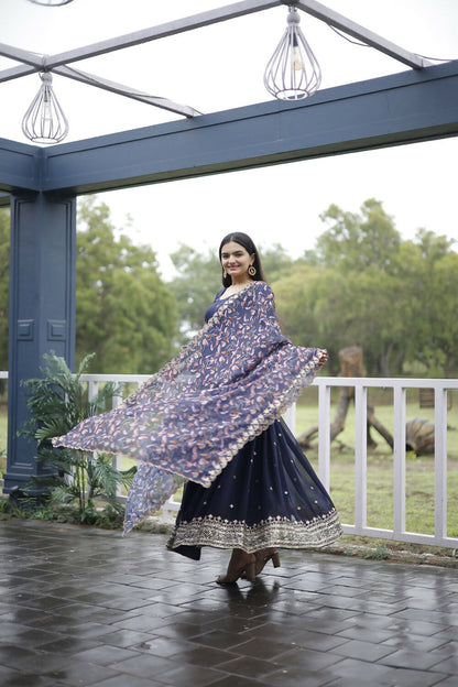 Aayaa Designer Embroidery Zari Sequins-Work Faux Blooming Georgette Suit - Navy Blue