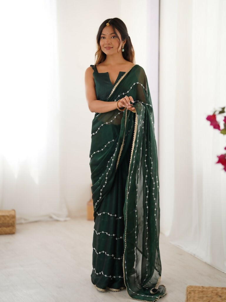 Green Sitara Chiffon Designer Beads Moti,Val Sequence Work Saree - Noorie