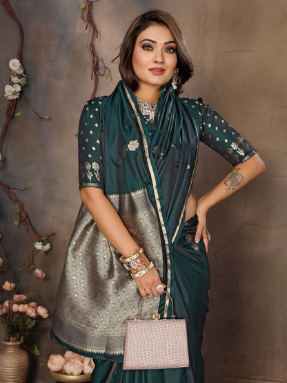 Joban Fashion Dark Green Floral & Botanical Motifs Satin Silk Banarasi Silk Saree