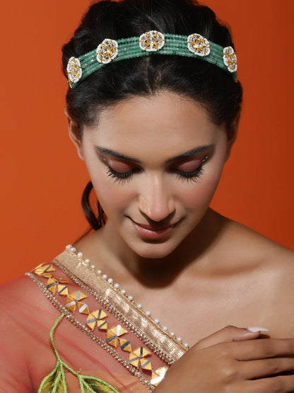 Gold-Polished Green Kundan Studded Headband - Ruby Raang
