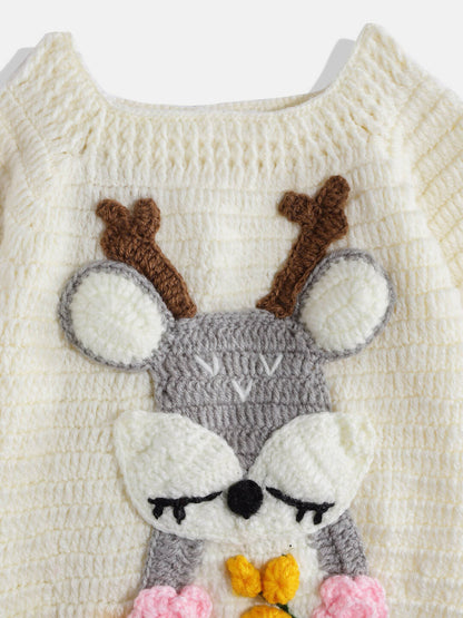 Chutput Kids Woollen Hand Knitted Full Sleeves Deer Detail Sweater For Baby Boys - Cream