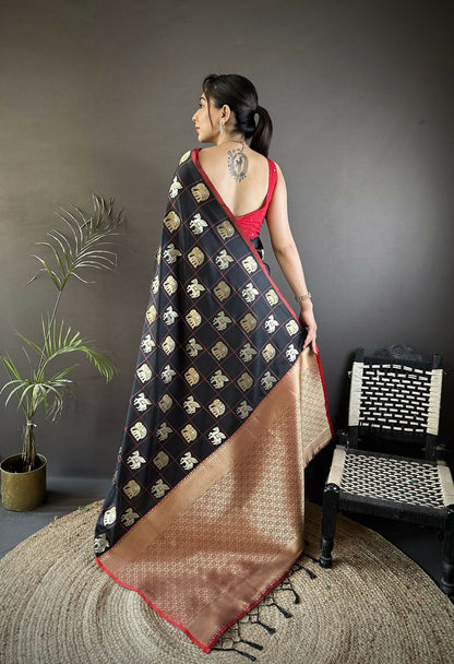 Joban Fashion Black Elephant Motif Soft Silk Banarasi silk Saree