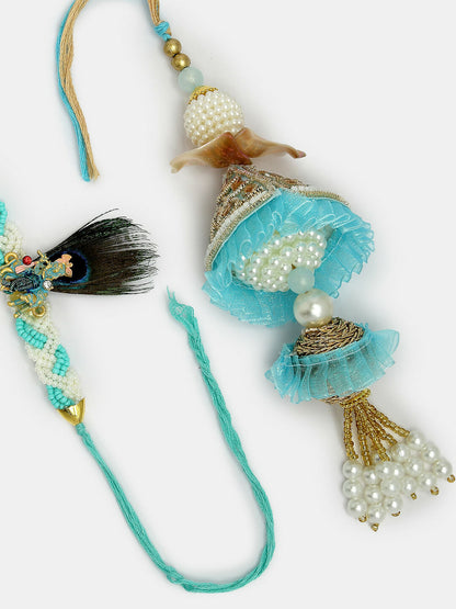 NVR Women & Men Set of 2 Blue Krishna Pearl Bhaiya Bhabhi Rakhi With Roli Chawal