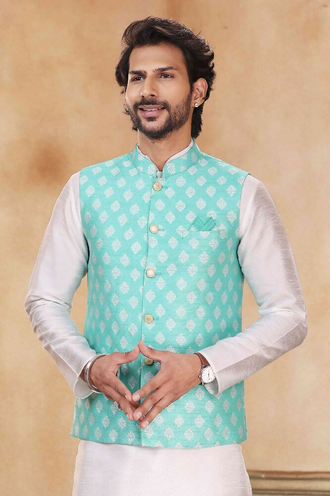 Raivat Ethnic Jacquard Banarasi Silk Woven Work 3 Pics Jacket Set In Sky Blue Colour