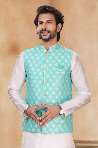 Raivat Ethnic Jacquard Banarasi Silk Woven Work 3 Pics Jacket Set In Sky Blue Colour