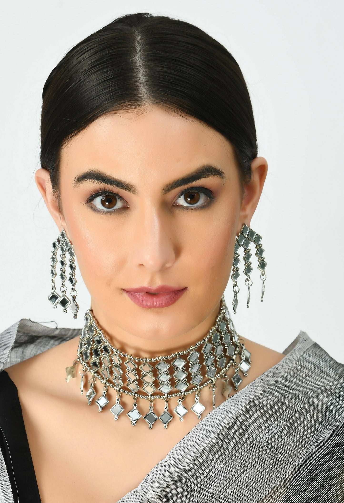 Mominos Fashion Johar Kamal Oxidised Silver-Plated Alloy Finish Mirror Choker For Women