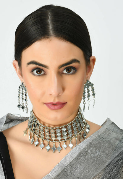 Mominos Fashion Johar Kamal Oxidised Silver-Plated Alloy Finish Mirror Choker For Women