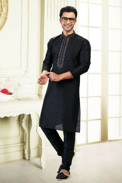 Raivat Ethnic Jacquard Banarasi Silk Thread Work Kurta Pajama In Black Colour