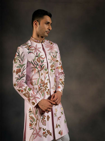 Pink Hand Embroidered Indowestern Sherwani by Hilo Design