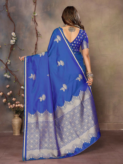 Joban Fashion Blue Floral Motifs Banarasi Silk Sarees