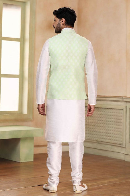 Raivat Ethnic Jacquard Banarasi Silk Woven Work 3 Pics Jacket Set In Pista Green Colour