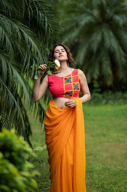 Amodini Designer Studio Women's Coral Chinon Lehriya Sleeveless Blouse