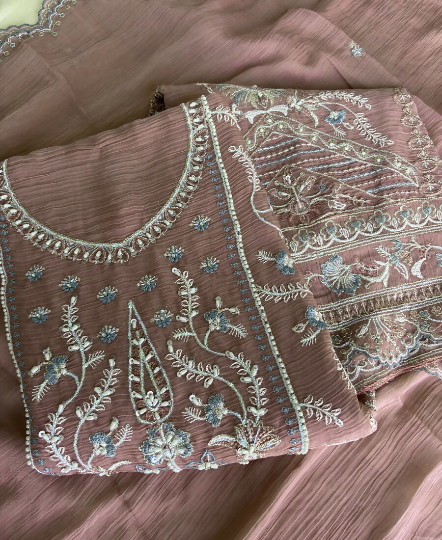 KC Beautiful Peach Chiffon Silk Hand Embroidery Suit For Women