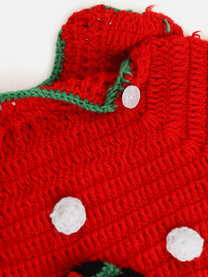 Chutput Kids Woollen Hand Knitted Full Sleeves Snowman Detail Sweater For Baby Boys With Cap - Red