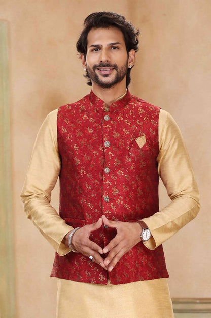 Raivat Ethnic Jacquard Banarasi Silk Woven Work 3 Pics Jacket Set In Maroon Colour