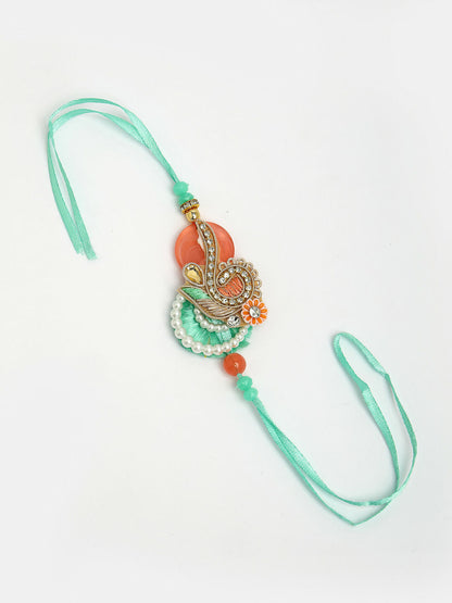 NVR Women & Men Set of 2 Multicolor Stone-Studded & Beaded Bhaiya Bhabhi Rakhi With Roli Chawal & Chocolate