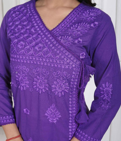 Miravan Womens Purple Floral Printed Angrakha Style Kurta With Palazzo