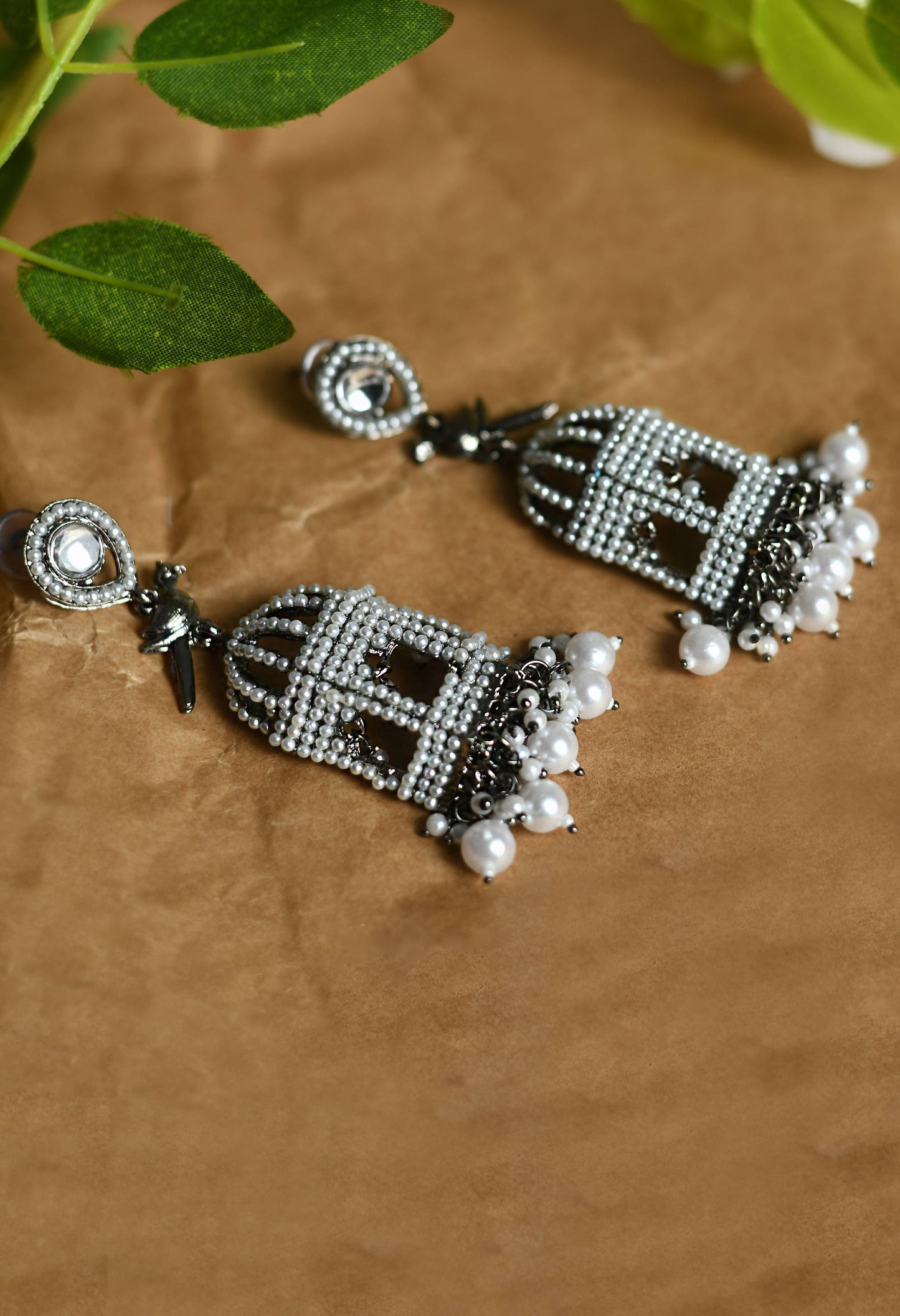 Mominos Fashion Johar Kamal Silver Color Bird Nest Earrings With Pearls