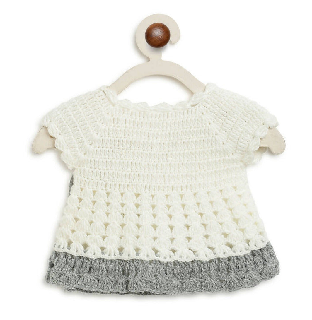 ChutPut Hand knitted Crochet Wool Dress For Baby Girls - White