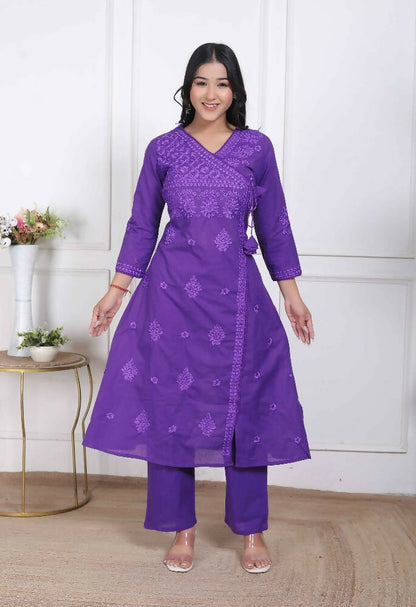 Miravan Womens Purple Floral Printed Angrakha Style Kurta With Palazzo