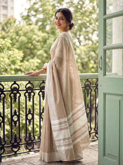Anaita L Brown Linen Zari Work Saree With Blouse