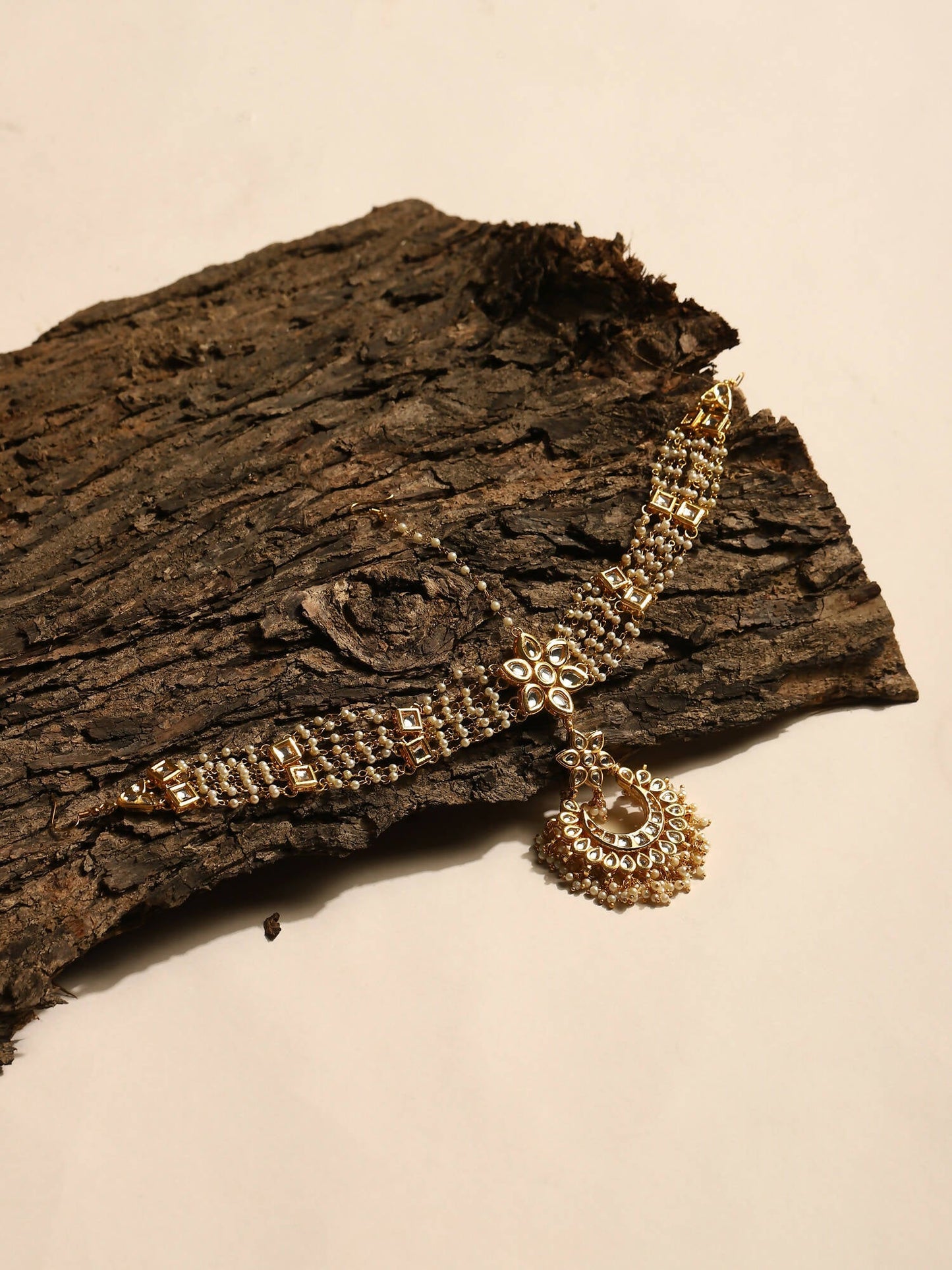 Gold-Polished White Kundan-Studded Pearl Beaded Matha Patti - Ruby Raang