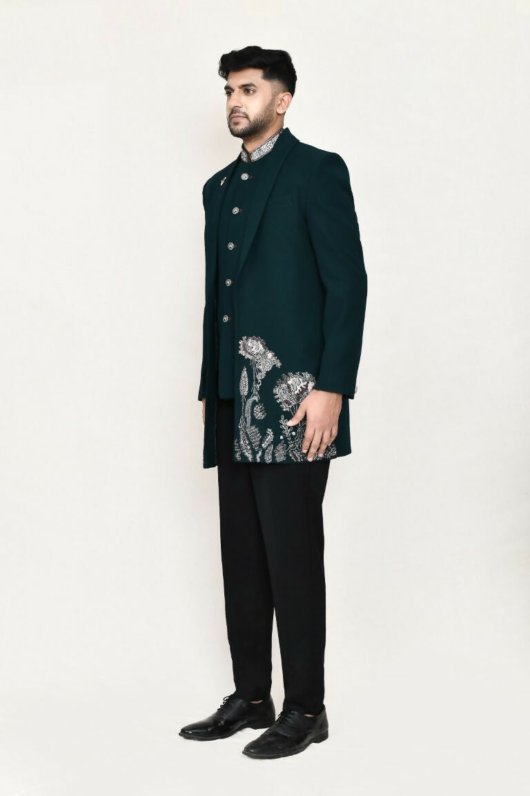 Joban Fashion Green Colored Imported Polyester Fabric Open Prince Coat, Jacket With Pant