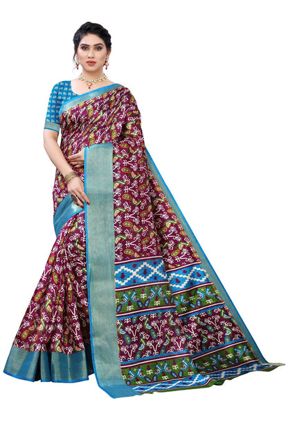 Vamika Purple and Blue Linen Jari Border Saree Online At Low Price