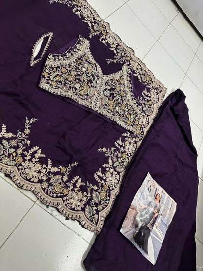 Anaita Purple Real Premium Silk Stitched Shrug Suit with Embroidery Work