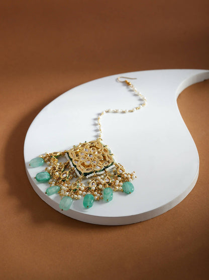 White Blue Gold-Polished Kundan-Studded Beaded Maang Tikka - Ruby Raang