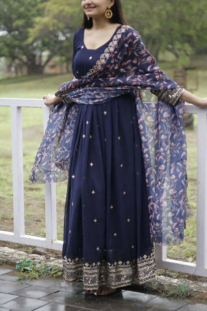 Aayaa Designer Embroidery Zari Sequins-Work Faux Blooming Georgette Suit - Navy Blue