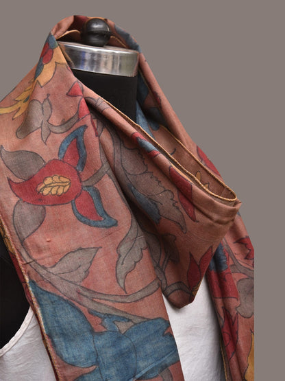 Light Brown Kalamkari Hand Painted Sico Stole with Floral Design - Global Threads