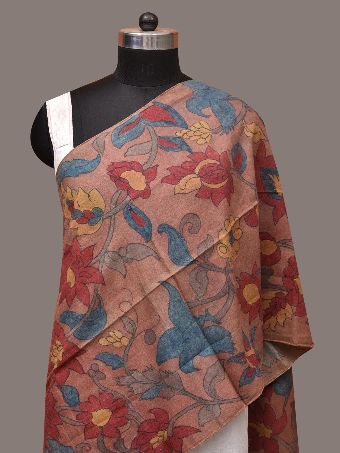 Light Brown Kalamkari Hand Painted Sico Stole with Floral Design - Global Threads